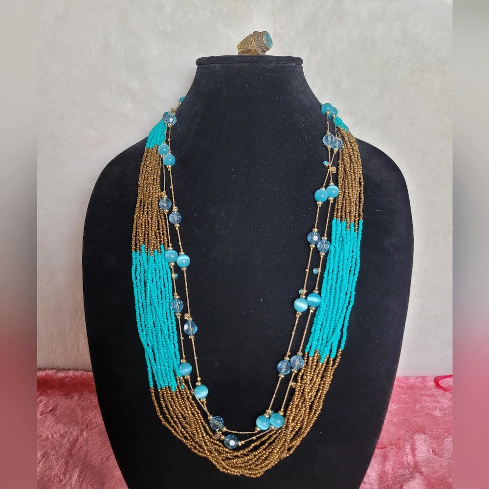 Long Blue Catseye Illusion Necklace - Vintage, Estate, 60", Versatile Styling - Picture 10 of 11